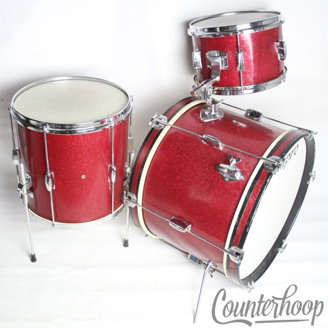 Pearl 20,12,14"Drum Set Tempro Vintage 60s Red Sparkle Made In Japan 3Ply Shells — main photograph