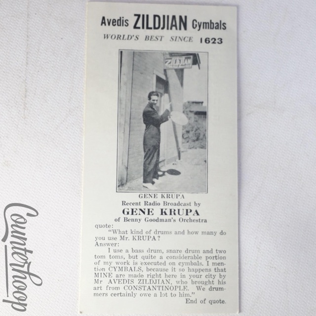 Zildjian Avedis Cymbals Gene Krupa Photo Advert Flyer 8"-16" Prices Vintage 50s — main photograph