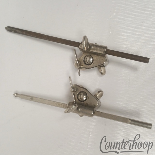 Ludwig Bass Drum Clamp-On Spurs Nickel Legs Adjustable Length Spikes Vintage 30s — main photograph