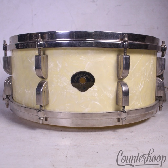 Leedy&Ludwig Broadway Snare Drum WMP 14x5.5"White Marine Pearl NOB Brass 50s#390 — main photograph