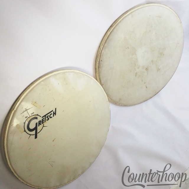 Gretsch 2x Bass Drum 22" Heads Set 60s White Logo Resonant+Coated Batter RB USA — main photograph
