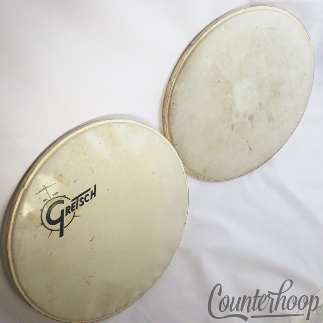 Gretsch 2x Bass Drum 22" Heads Set 60s White Logo Resonant+Coated Batter RB USA — main photograph