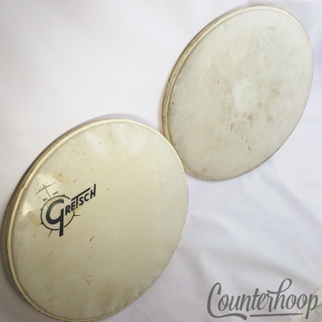 Gretsch 2x Bass Drum 22" Heads Set 60s White Logo Resonant+Coated Batter RB USA — main photograph
