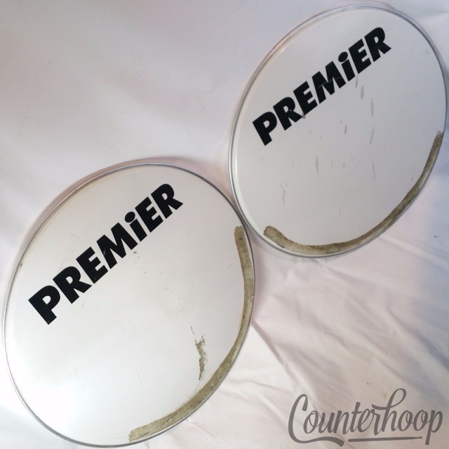 Premier 2x 24" Bass Drum Heads White Opaque Vintage 80s Logo Batter+Resonant UK — main photograph