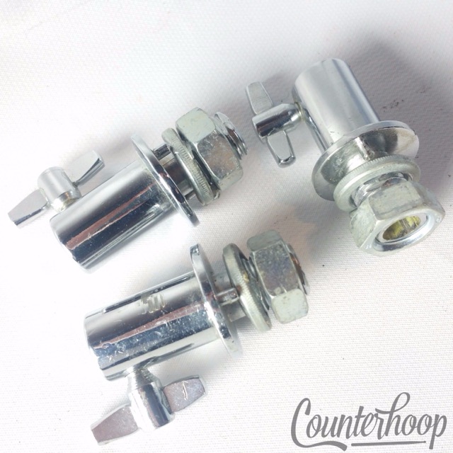 Pearl Bass Drum Disappearing Spur Mounts Leg Receivers 3x Set Lot Chrome Vintage — main photograph