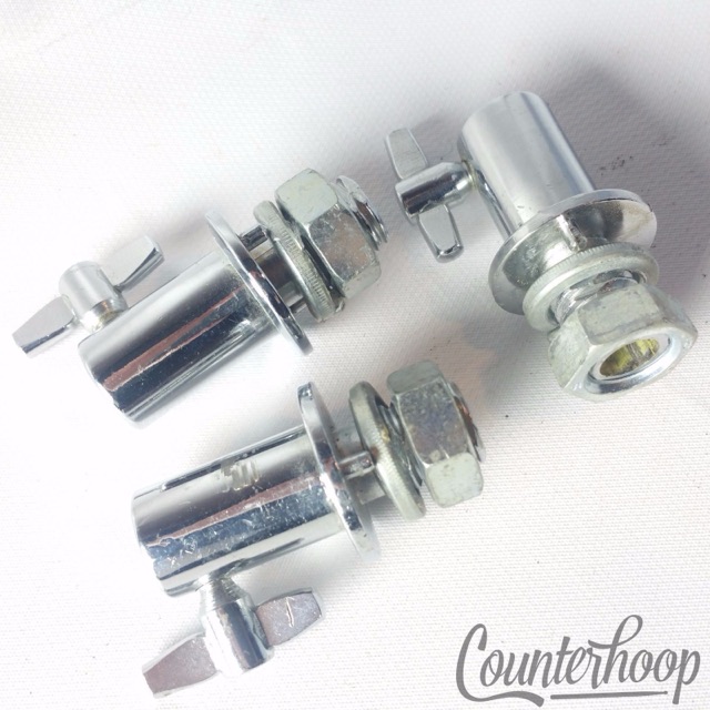 Pearl Bass Drum Disappearing Spur Mounts Leg Receivers 3x Set Lot Chrome Vintage — main photograph