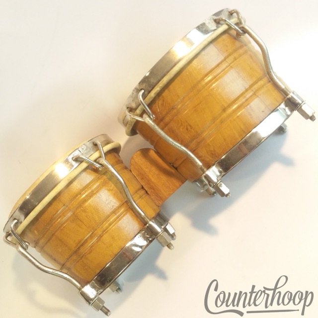 Vintage Bongo Drums 7",8"x6" Stave Wood Pig-Skin Heads Latin Percussion Hand Set — main photograph