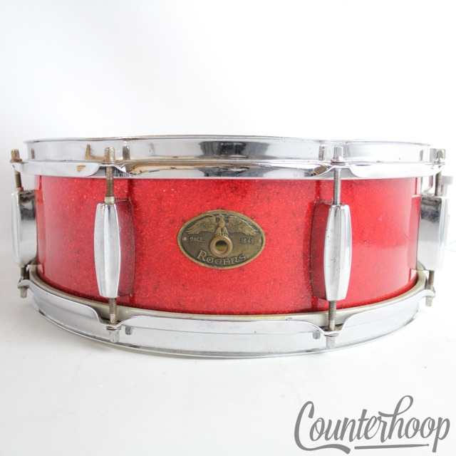 Rogers 14x5"Red Sparkle Eagle Badge Holiday Snare Drum Vintage 50s Jasper Maple — main photograph