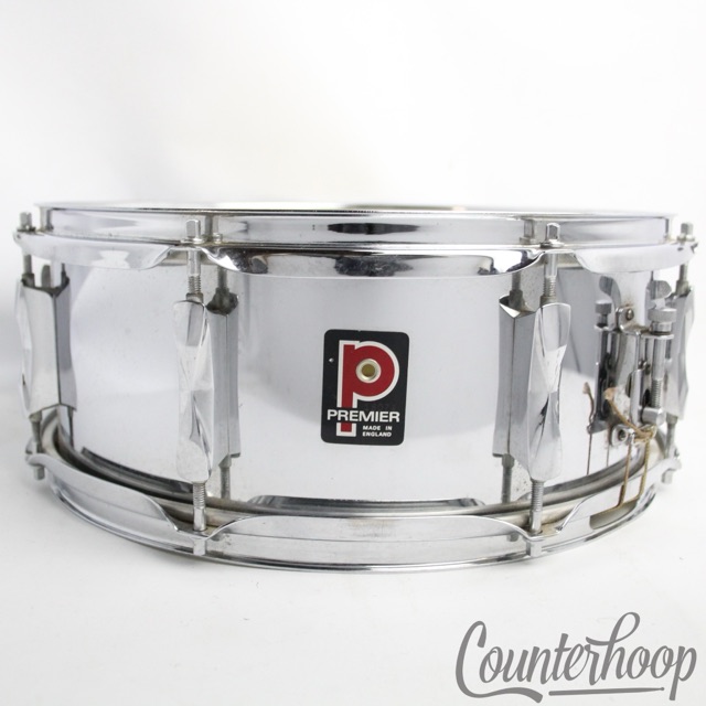 Premier 14x5"Snare Drum Chrome Steel Model 1005 Vintage70s 8Lug England Everplay — main photograph