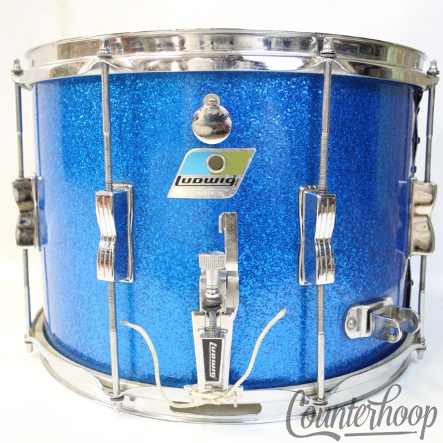 Ludwig 14x10"Blue Sparkle Snare Drum Vintage 80s Blue/Olive Badge 5Ply Maple USA — main photograph