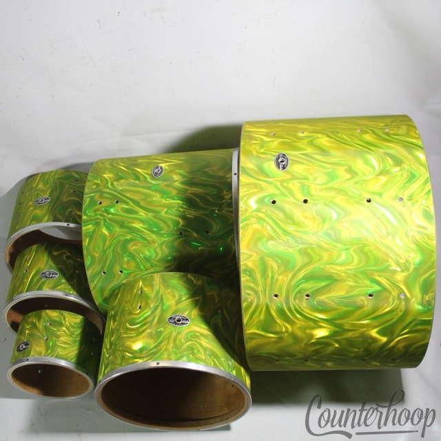 Slingerland Neon Lime Satin Flame Drum Set Shell Pack 3Ply 22,16,13,12+10+8 70s — main photograph