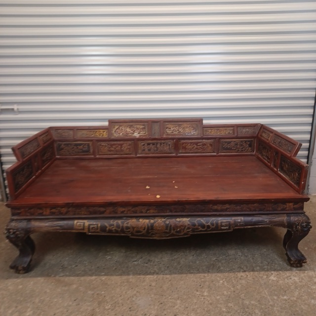 Opium Bed Daybed Antique Chinese Carved Wood Dragon Phoenix Lion Qing Vintage19c — main photograph