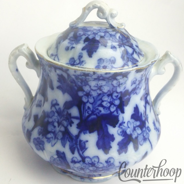 Mercer Flow Blue+Gold Sugar Bowl Semi-Viterous/Vitreous 1890s American China USA — main photograph