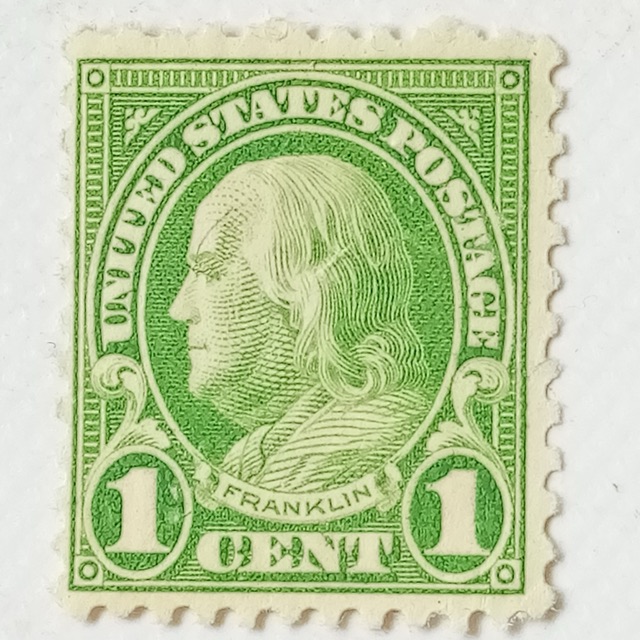 1922-1929 Benjamin Franklin One (1) Cent Stamp (Lime Green) Rare Collectible USA — main photograph