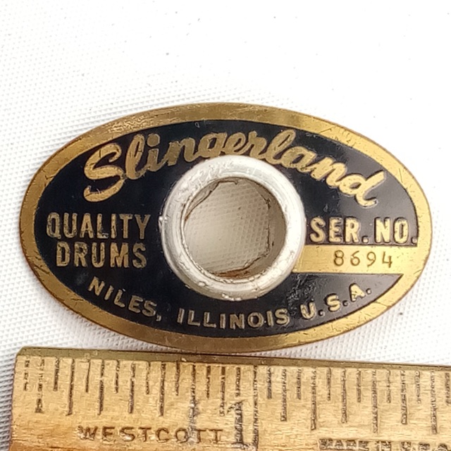Slingerland Niles Black/Brass'63#8694 Badge Snare/Bass Drum +OG Aluminum Grommet — main photograph