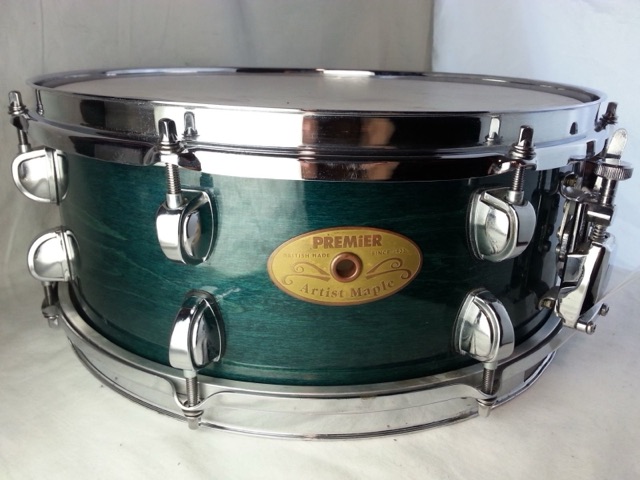 Premier Artist Maple Snare Drum 14x5.5" 6-ply Thin Shell Transparent Green 90s* — main photograph