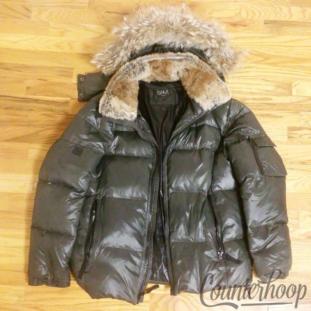 Sam. Puffer Coat Rabbit Fur Collar+Coyote Hood Trim 80% Goose Down Jacket NYC L — main photograph